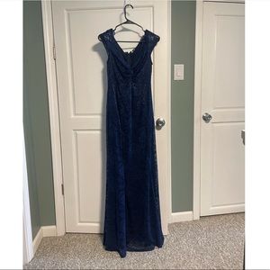 Lulu’s Floor Length Lace Navy Blue Cap Sleeve Dress